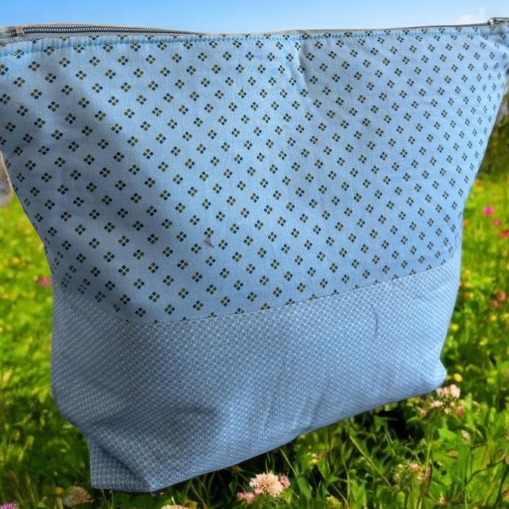 Blue Quilted Cosmetic Bag with Polka Dot Design
